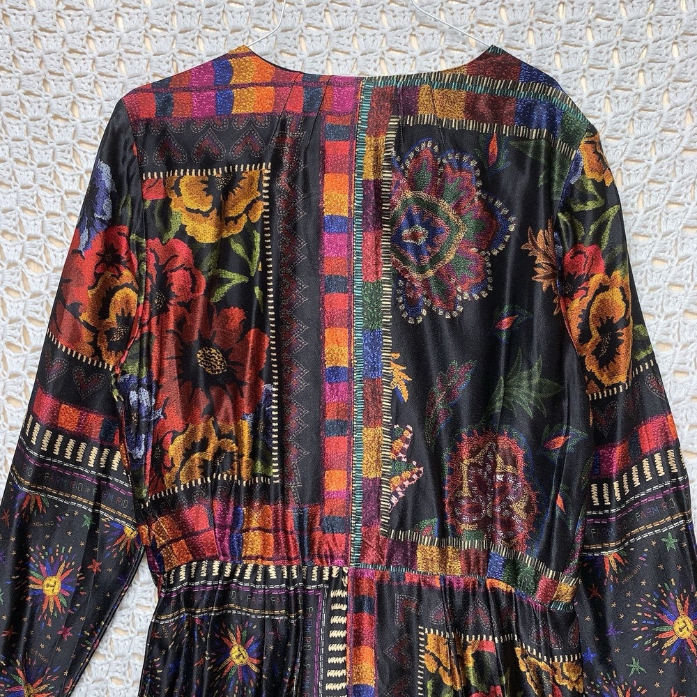 Farm‎ Rio Mini Wrap Dress Women L Black Floral Mixed Arabesque Scarves Long Slv - Picture 5 of 16
